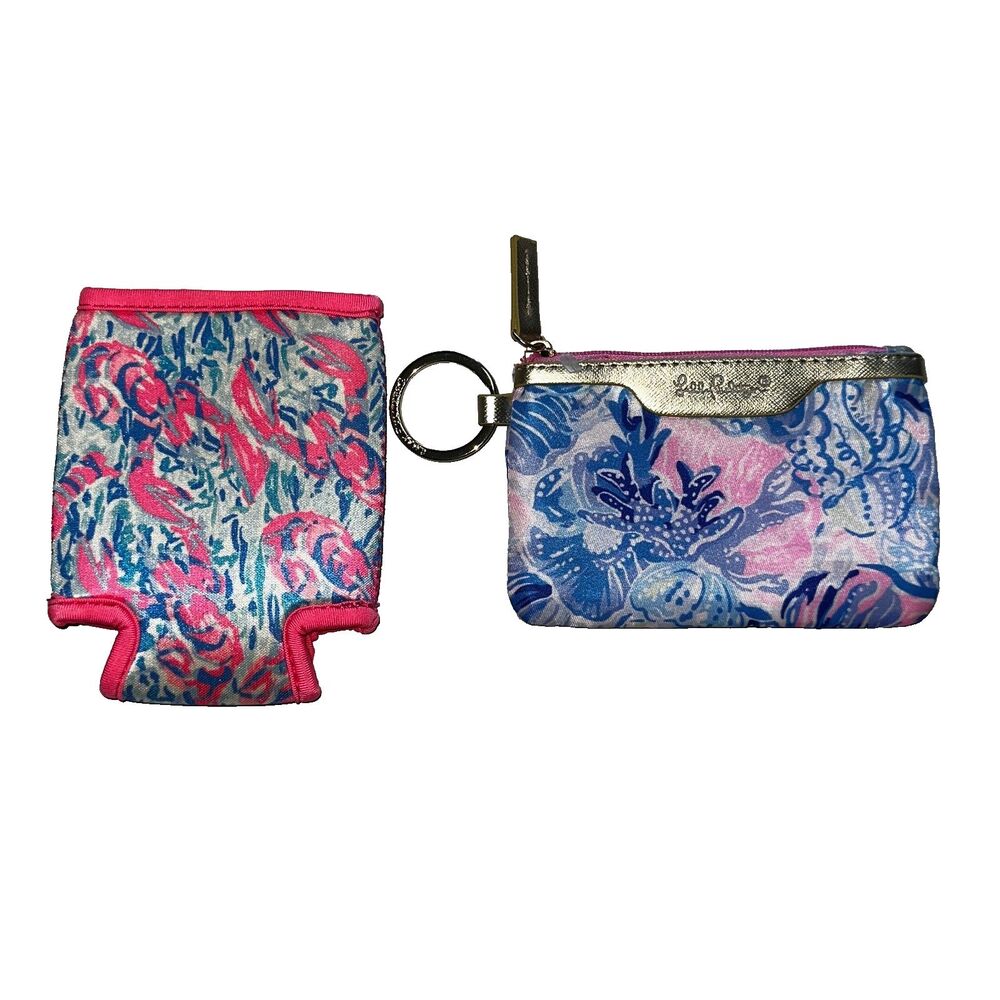 Lilly Pulitzer Drink Hugger Can Cooler and I.D. Case Wallet Pouch Blue Pink NWOT
